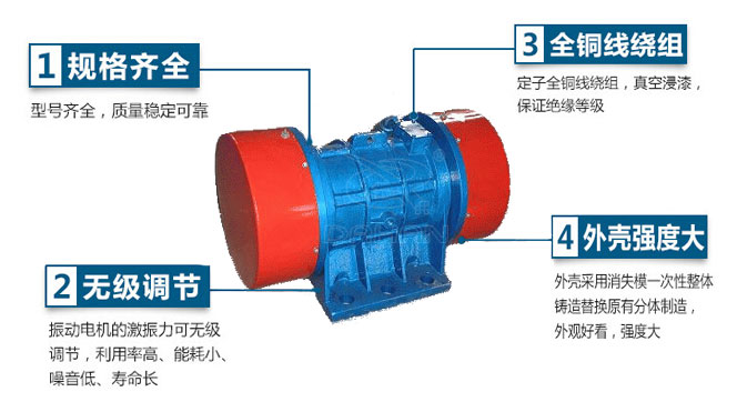 VB振動電機(jī)特點(diǎn)：1，規(guī)格齊全：型號齊全，質(zhì)量穩(wěn)定可靠。2，無極調(diào)節(jié)：振動電機(jī)的激振力可無極調(diào)節(jié)，利用率高，能耗小，噪音低，壽命長。4，外殼輕度大：外殼采用消失模一次性整體鑄造替換原有分體制造，外觀好看，強(qiáng)度大。